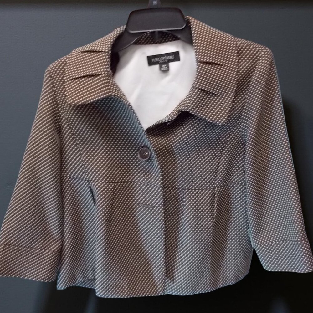 Perceptions Petite Brown Geometric Print Cropped Jacket Pleated Collar Size 10P
